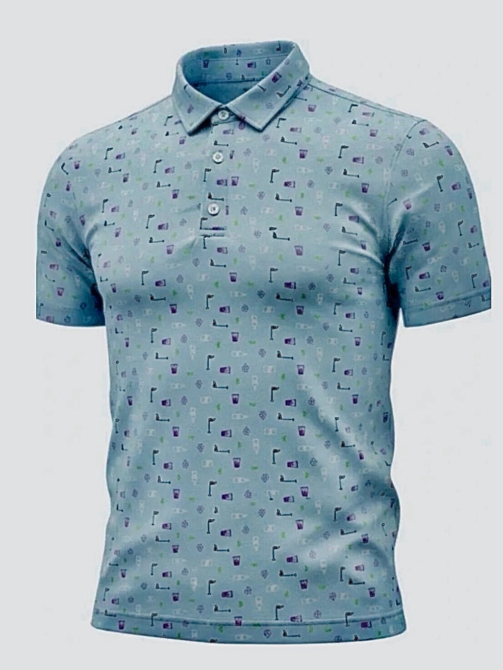 Deolax Men's Golf Polo Shirt Light‎ Blue Novelty Cocktail Print Size XL Stretch